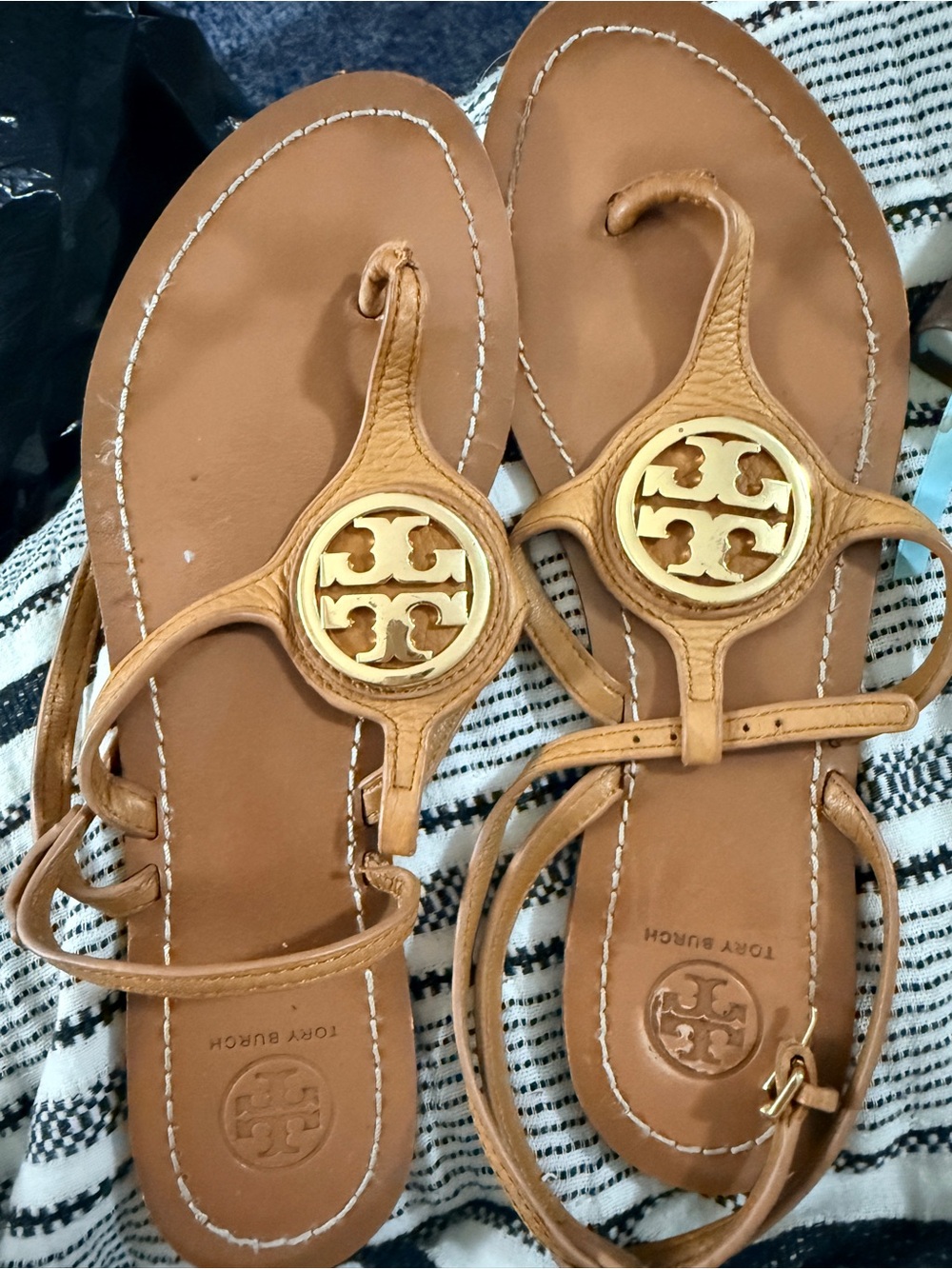 Tory Burch Tan Leather Logo Thong Sandals with Gold Medallions
